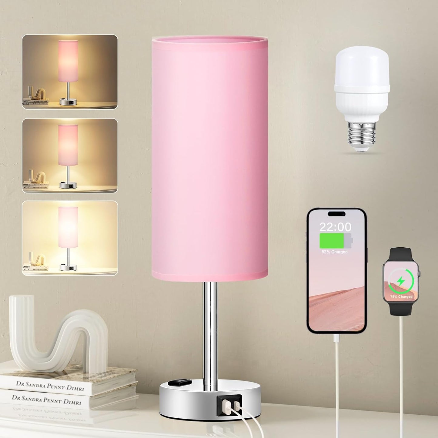 Fenmzee Bedside Table Lamp for Bedroom - 3 Way Dimmable Touch Lamp USB C Charging Ports and AC Outlet, Small Lamp Wood Base Round Flaxen Fabric Shade for Living Room, Desk, LED Bulb Included