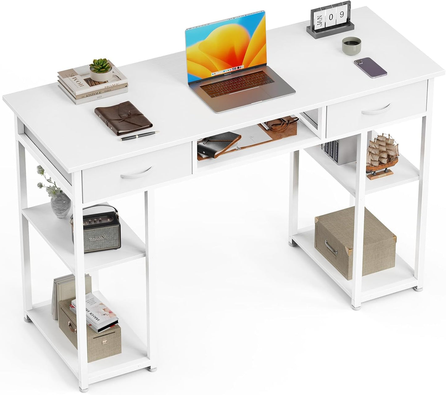 Sweetcrispy Computer Desk with Drawers, 47 Inch Home Office Bedroom Table with 4 Fabric Drawers & 2 Mesh Storage Shelves, Wood Table with X-Shaped Structure for Writing Study PC Desk, Brown