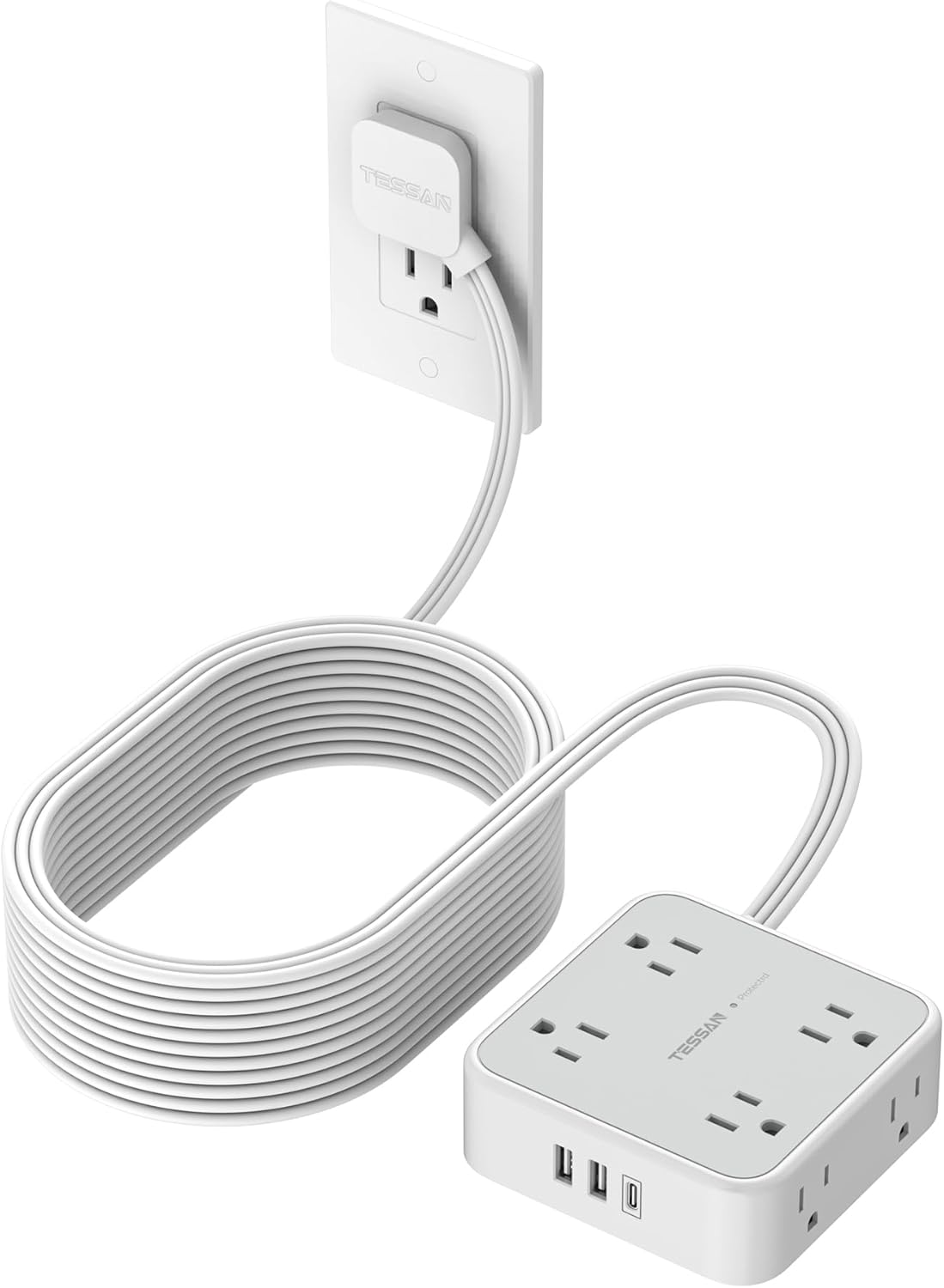 TESSAN Surge Protector Power Strip, 5 Ft Flat Plug Extension Cord with 3 USB (1 USB C) 8 Outlets, 1250W, 900J Protection, 3 Sided Outlet Extender with Power Switch for Office, Dorm Room Essentials