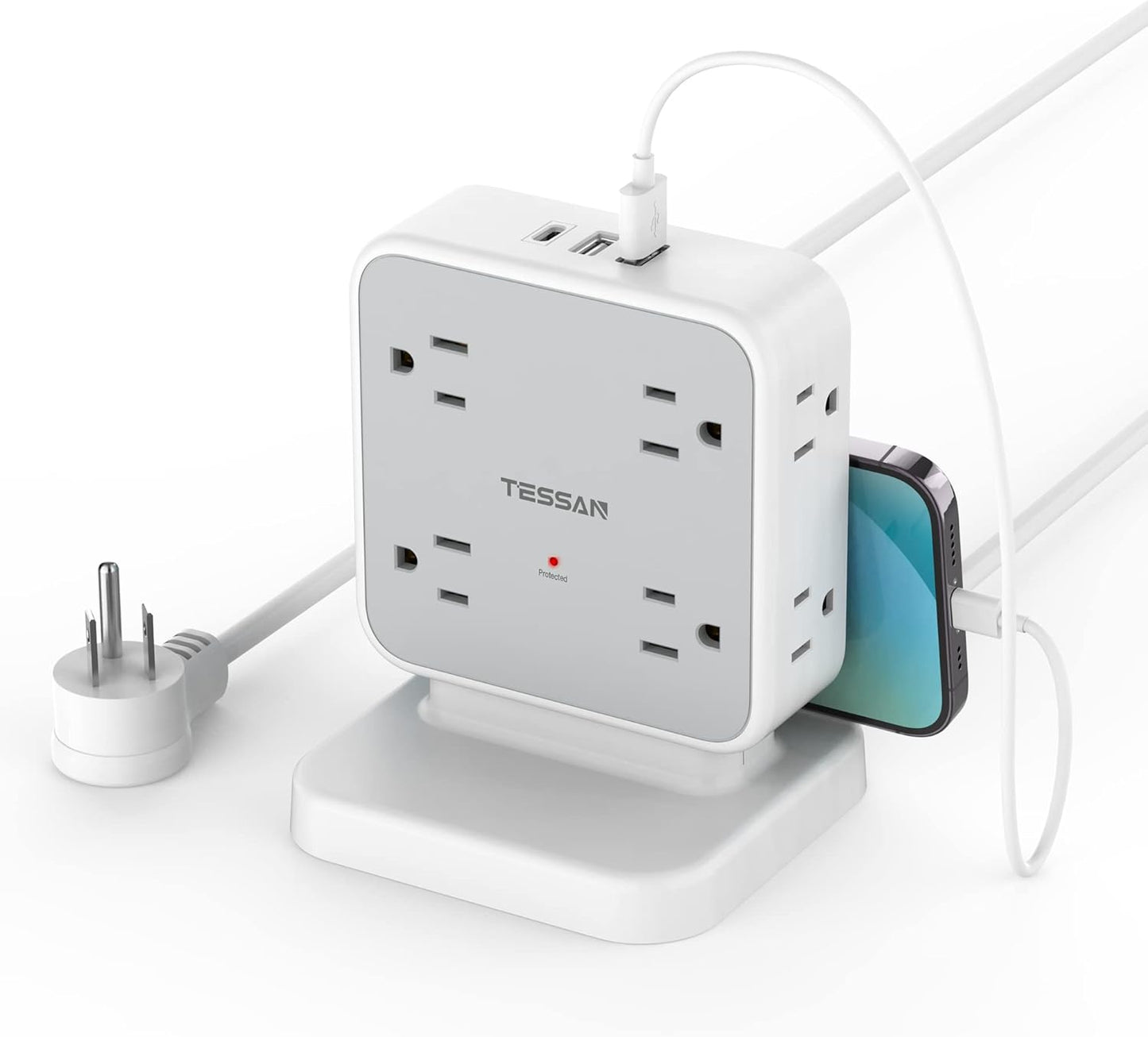 TESSAN Surge Protector Power Strip, 5 Ft Flat Plug Extension Cord with 3 USB (1 USB C) 8 Outlets, 1250W, 900J Protection, 3 Sided Outlet Extender with Power Switch for Office, Dorm Room Essentials