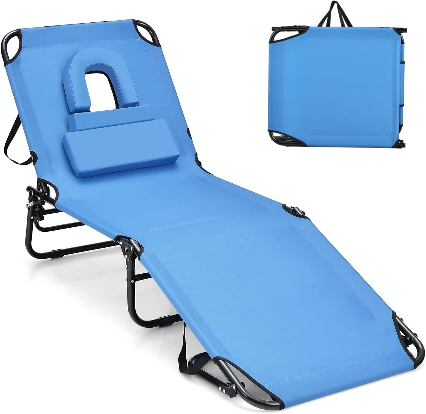GYMAX Tanning Chair, 330lbs Beach Lounge Chair with Face Hole, Washable Pillow & Carry Strap, Adjustable Folding Chaise Lounge, Layout Chair for Outside, Patio, Poolside, Lawn (1, Stripe)