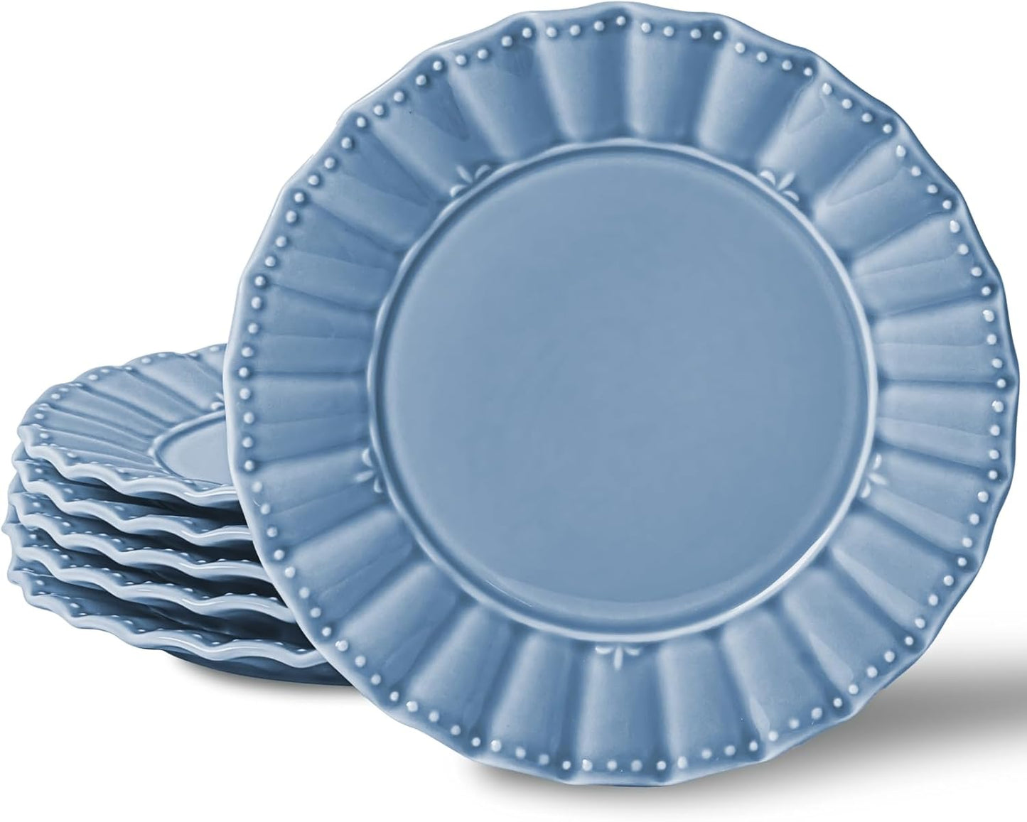 HOMBENE Dessert Plates 8 Inches Set for 6 Ceramic Serving Plates, Plates for Cake Waffles,Wavy Style, Snacks, Pasta, Noodle,Dinner, Microwave & Dishwasher Safe (Mint Glow Green)