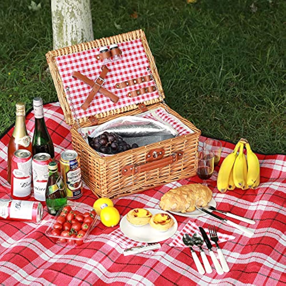 ZORMY Wicker Picnic Basket for 2 Person, Willow Hamper Basket Sets with Insulated Compartment, Handmade 2 Person Picnic Basket Classical Red Check with Utensils Cutlery Perfect for Picnic, Camping