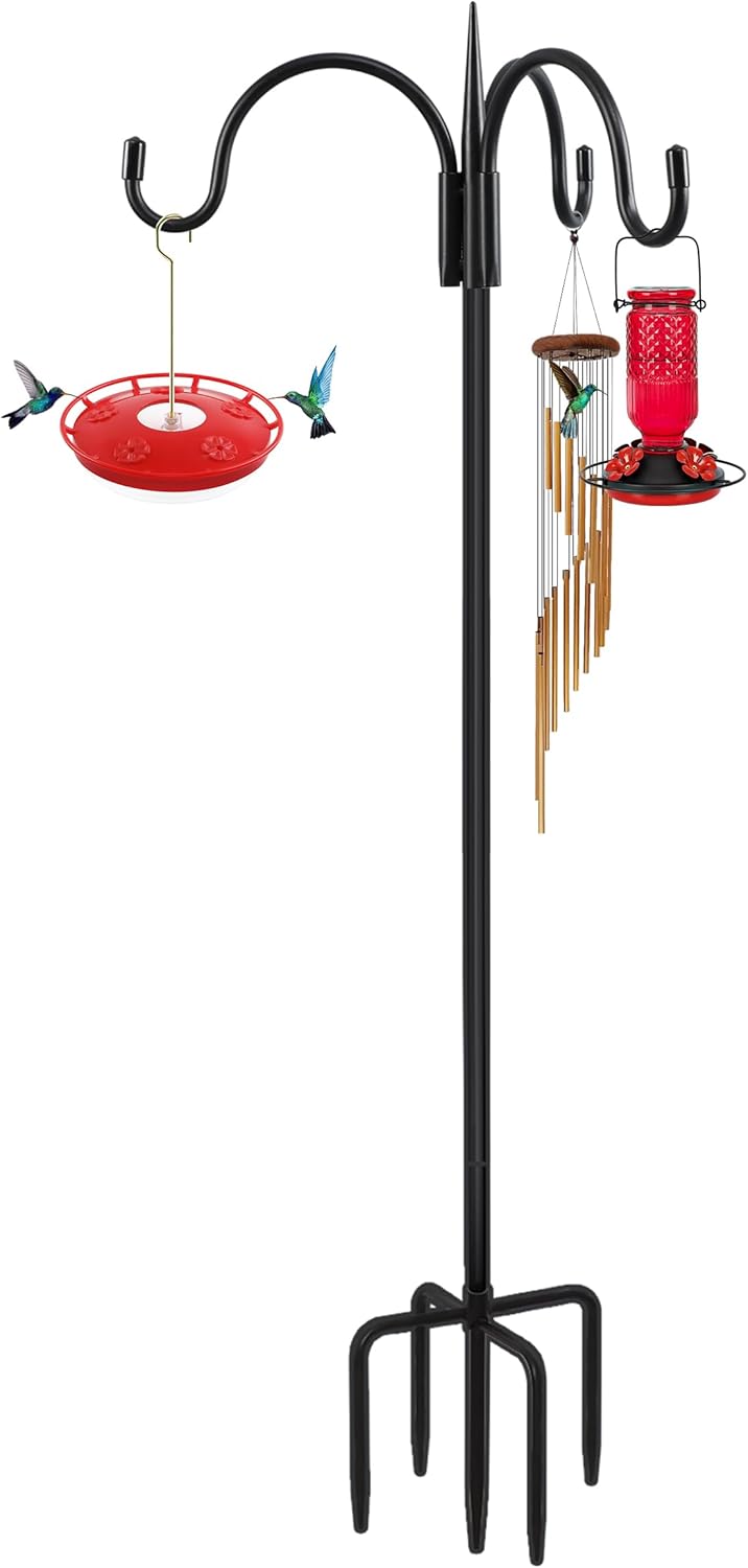 FEED GARDEN 4-Hook Squirrel-Proof Bird Feeder Pole - 92" Heavy-Duty Shepherd's Hook with 5-Prong Base & 19" Baffle for Multiple Feeders & Plants
