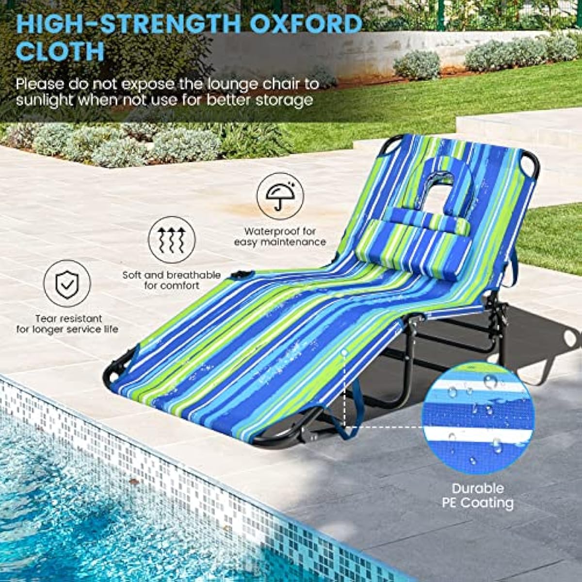 GYMAX Tanning Chair, 330lbs Beach Lounge Chair with Face Hole, Washable Pillow & Carry Strap, Adjustable Folding Chaise Lounge, Layout Chair for Outside, Patio, Poolside, Lawn (1, Stripe)