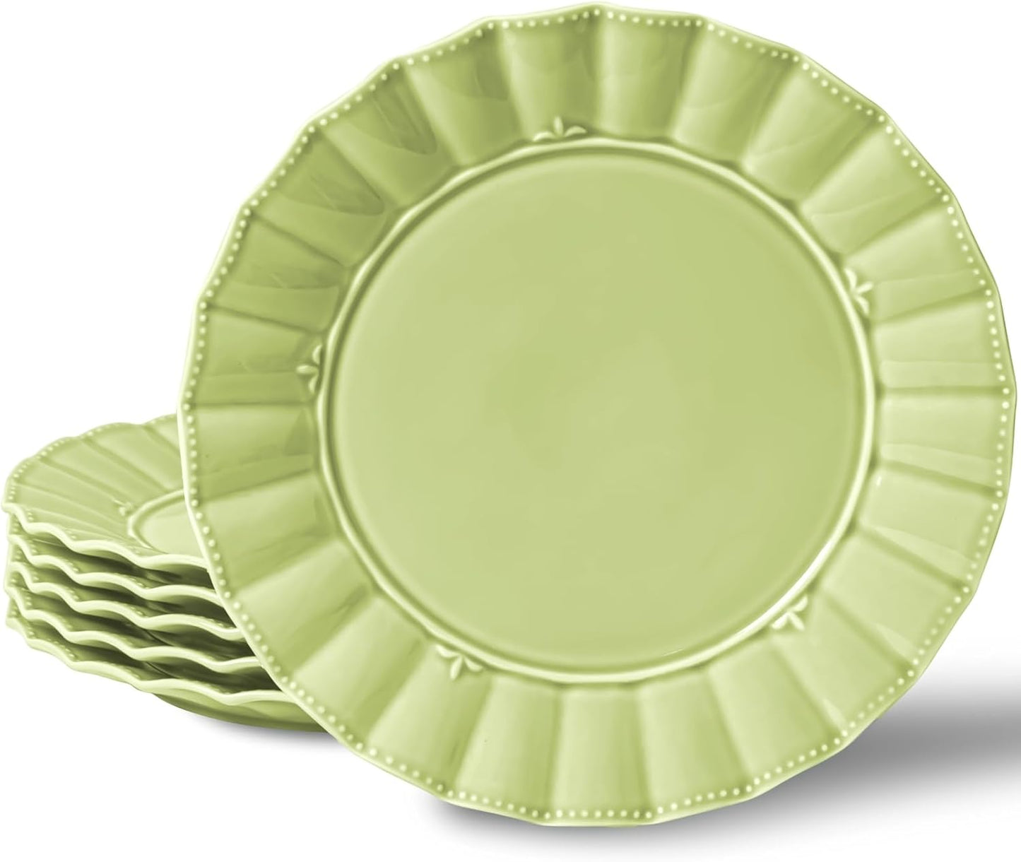 HOMBENE Dessert Plates 8 Inches Set for 6 Ceramic Serving Plates, Plates for Cake Waffles,Wavy Style, Snacks, Pasta, Noodle,Dinner, Microwave & Dishwasher Safe (Mint Glow Green)