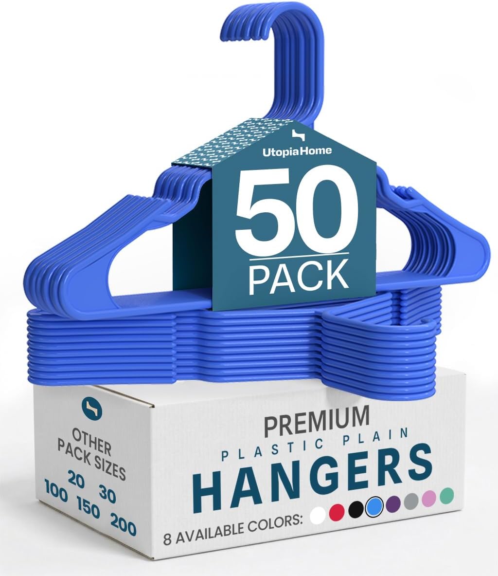Utopia Home - Plastic Hangers 50 Pack - Space Saving Clothes Hanger - Durable and Strong Closet Organizers and Storage Makes It Ideal Stocking Stuffers or Apartment or Dorm Room Essentials (White)