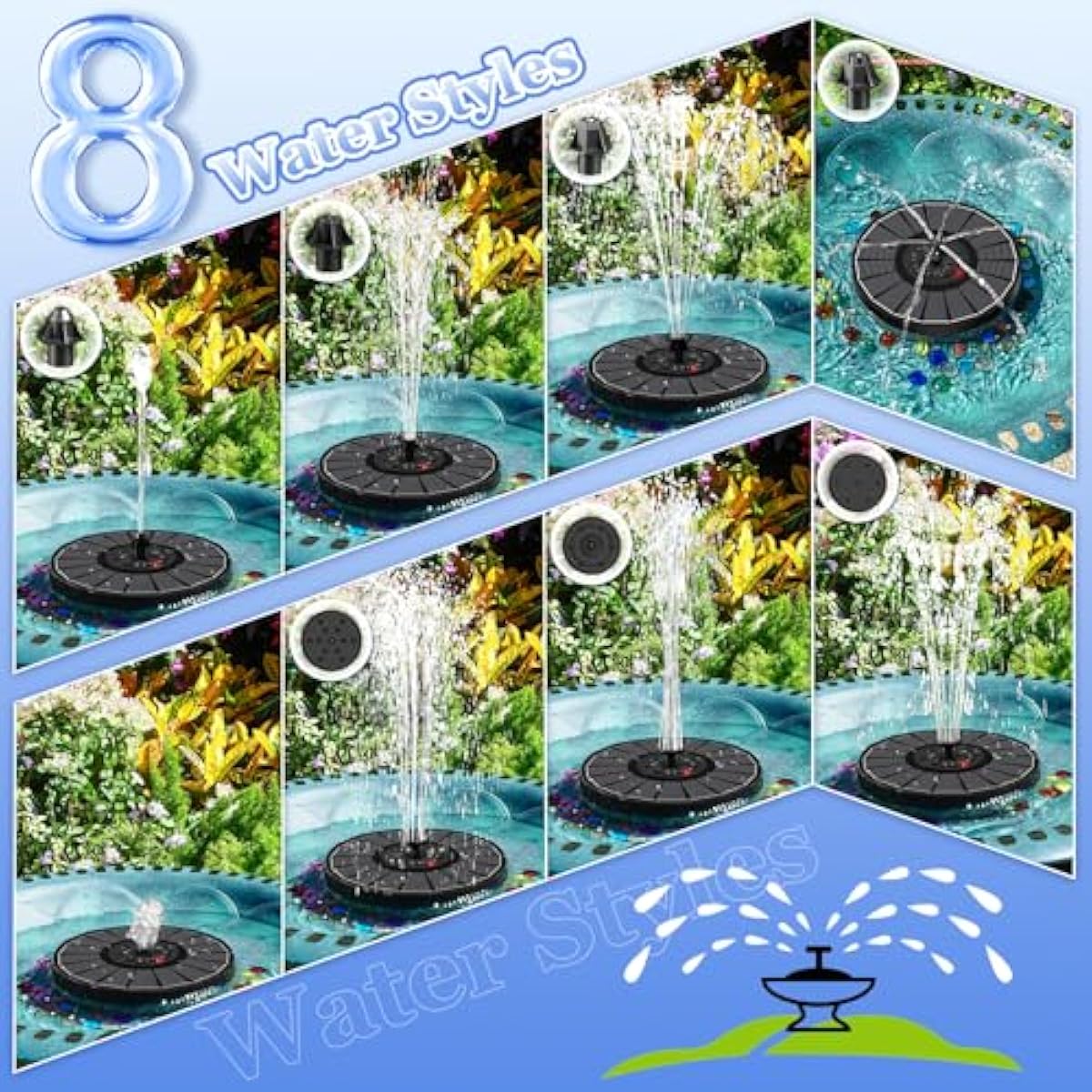 Yzert Solar Fountain with 2000mAh Battery & Innovative Indicator, 3.5W Glass Solar Water Fountain Pump Works in Cloudy Day with 7 Nozzles for Bird Baths, Gardens, Ponds, Pools, Outdoors (Black)