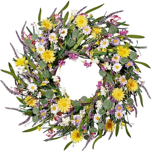 Sggvecsy Daisy and Lavender Wreath 24’’ Wildflower Wreath Spring and Summer Artificial Spring Silk Summer for Front Door Home Wall Wedding Festival Farmhouse Holiday Decor
