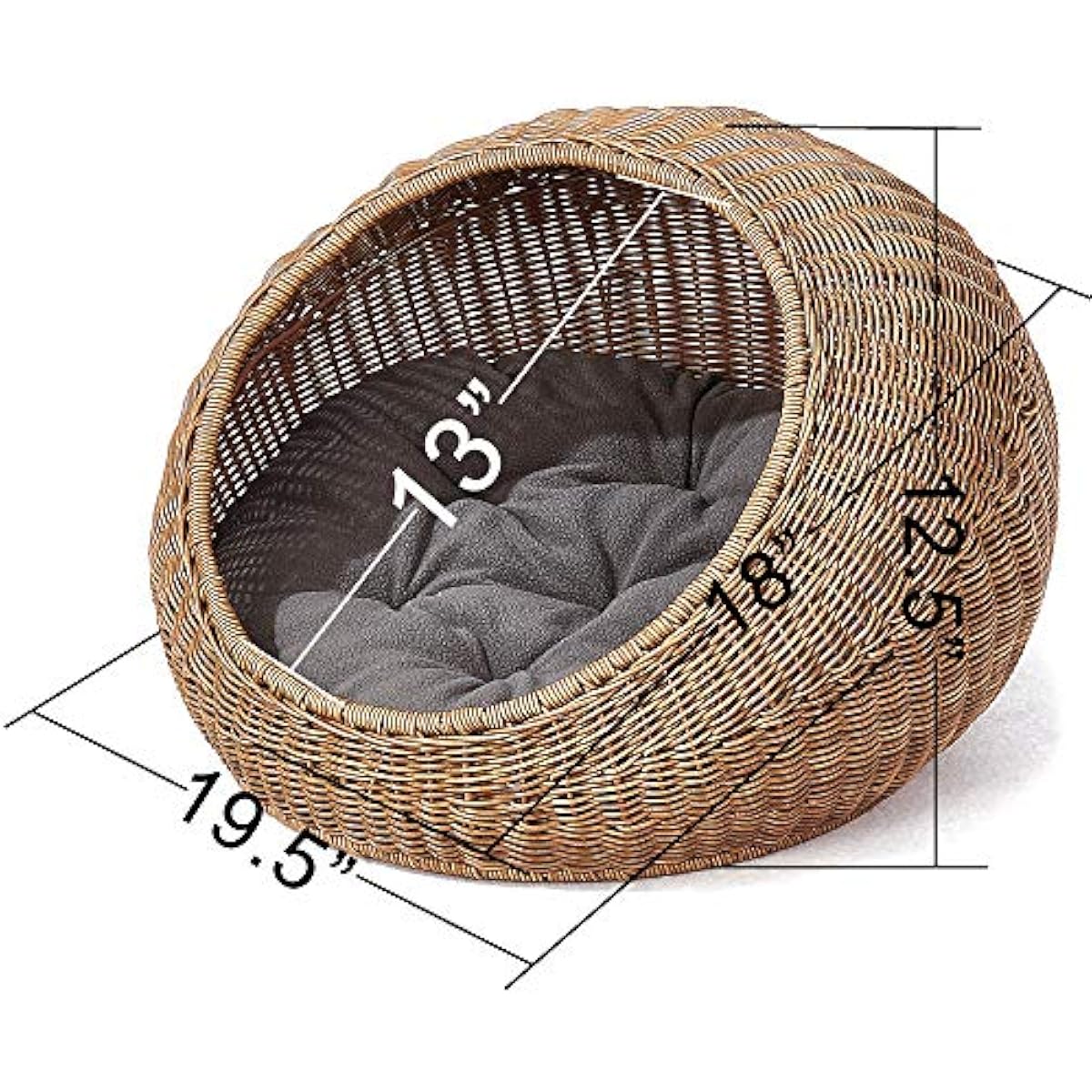 D+GARDEN Wicker Cat Bed Dome for Medium Indoor Cats - a Covered Cat Hideaway Hut of Faux Rattan Houses Pets in Dome Basket, Washable