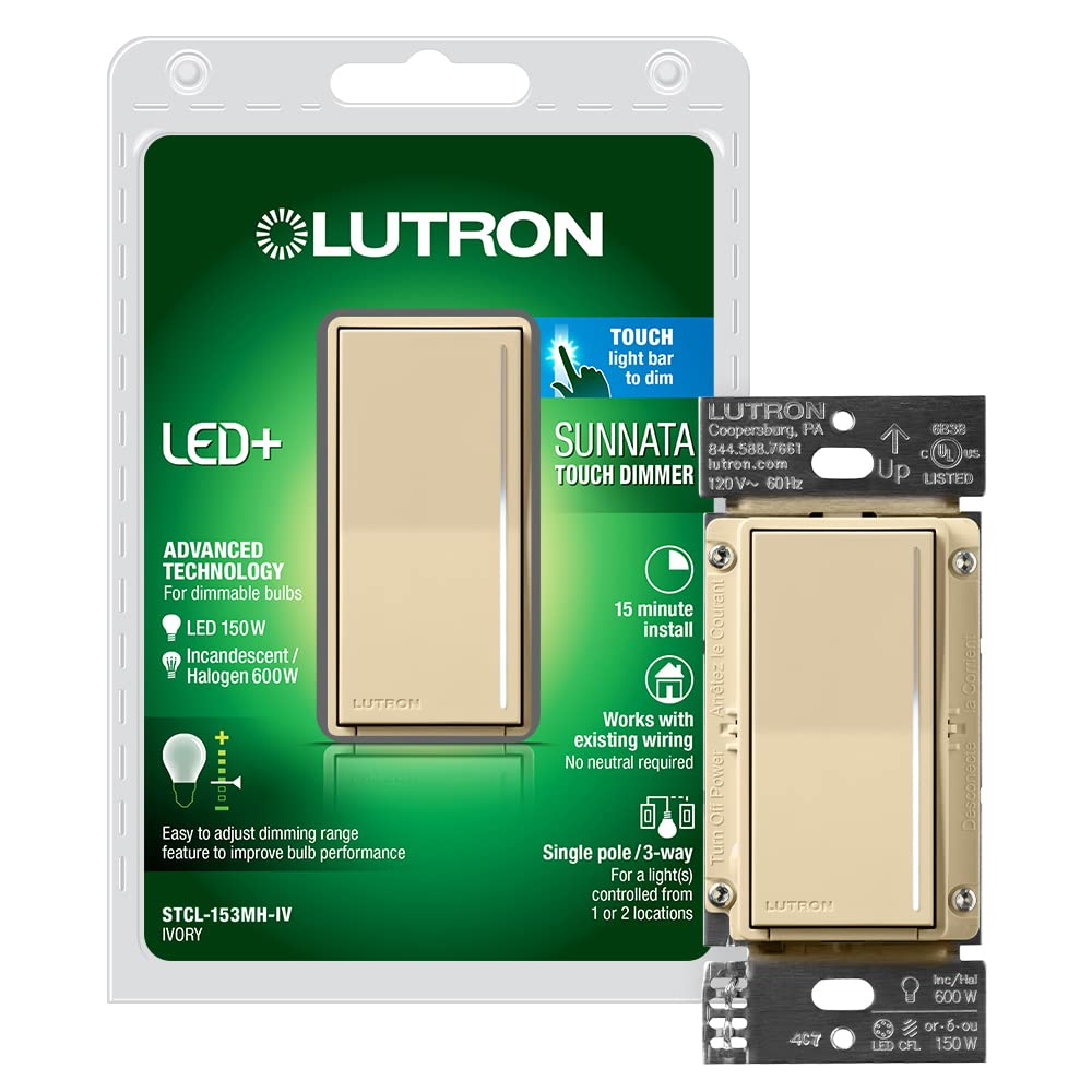 Lutron Sunnata Touch Dimmer Light Switch with Wallplate, LED+ Advanced Technology for LED and Incandescent, 3 Way/Multi Location, STCL-153MW-WH, White