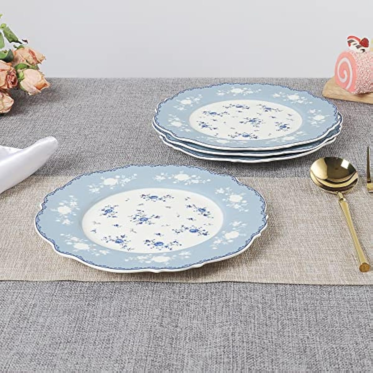fanquare 8 Inch Porcelain Dessert Plates Set of 4, Lace Serving Bowls Set for Salad, Soup, Pasta, Snack, Blue Roses