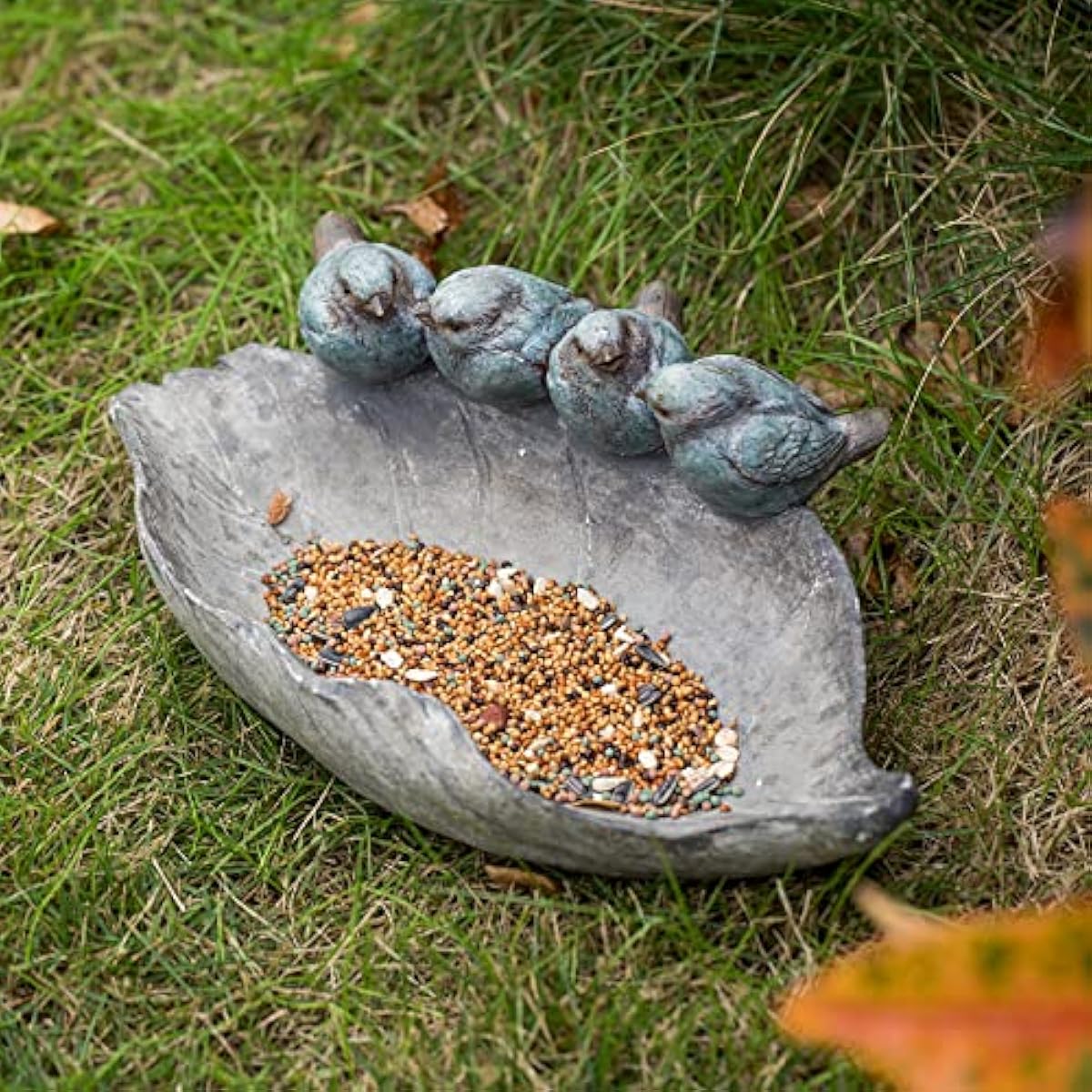 Bird-Feeder Wild Bird-Bath Bowl Outdoors - Garden Decor Polyresin Birds on Leaf 12.4 * 7.5 * 4.1 Inch-Newman House Studio