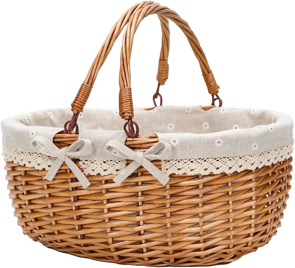 G GOOD GAIN Wicker Picnic Basket with Double Folding Handles,Willow Picnic Hamper,Natural Hand Woven Easter Basket,Easter Eggs and Candy Basket,Bath Storage,Gift Packing Basket.White