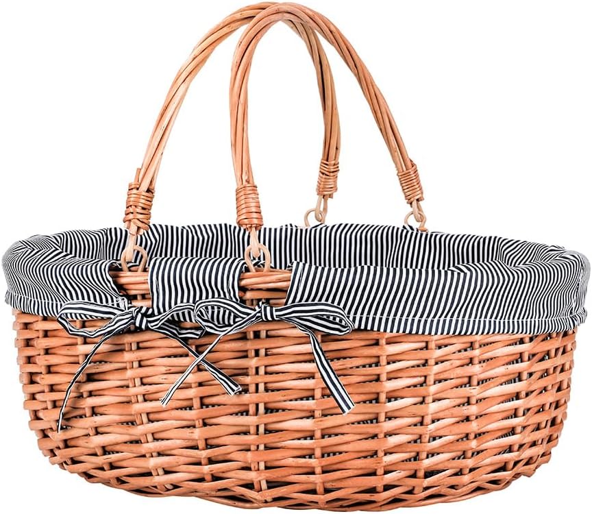 Large Wicker Picnic Basket with Handles,Handle Sturdy Woven Body with Removable and Washable Lining,Outdoor Camping,Gift Packing,Garden Picking, Storage.White Flower