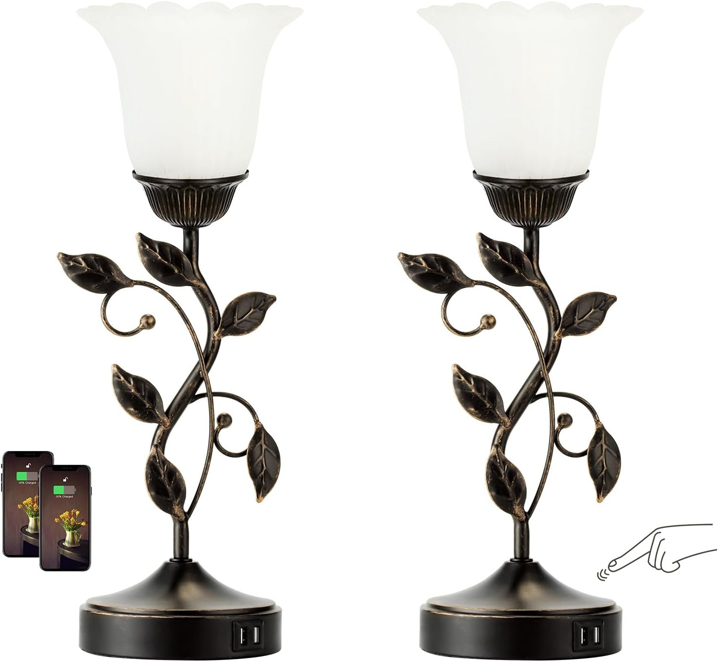 Touch Control Table Lamp with 2 USB Charging Ports, 3-Way Dimmable Bedside Nightstand Lamps, Amber Glass Shade Vintage Rural Leaf Lamp for Living Room, Bedroom, Dresser, LED Bulb Included (Bronze)