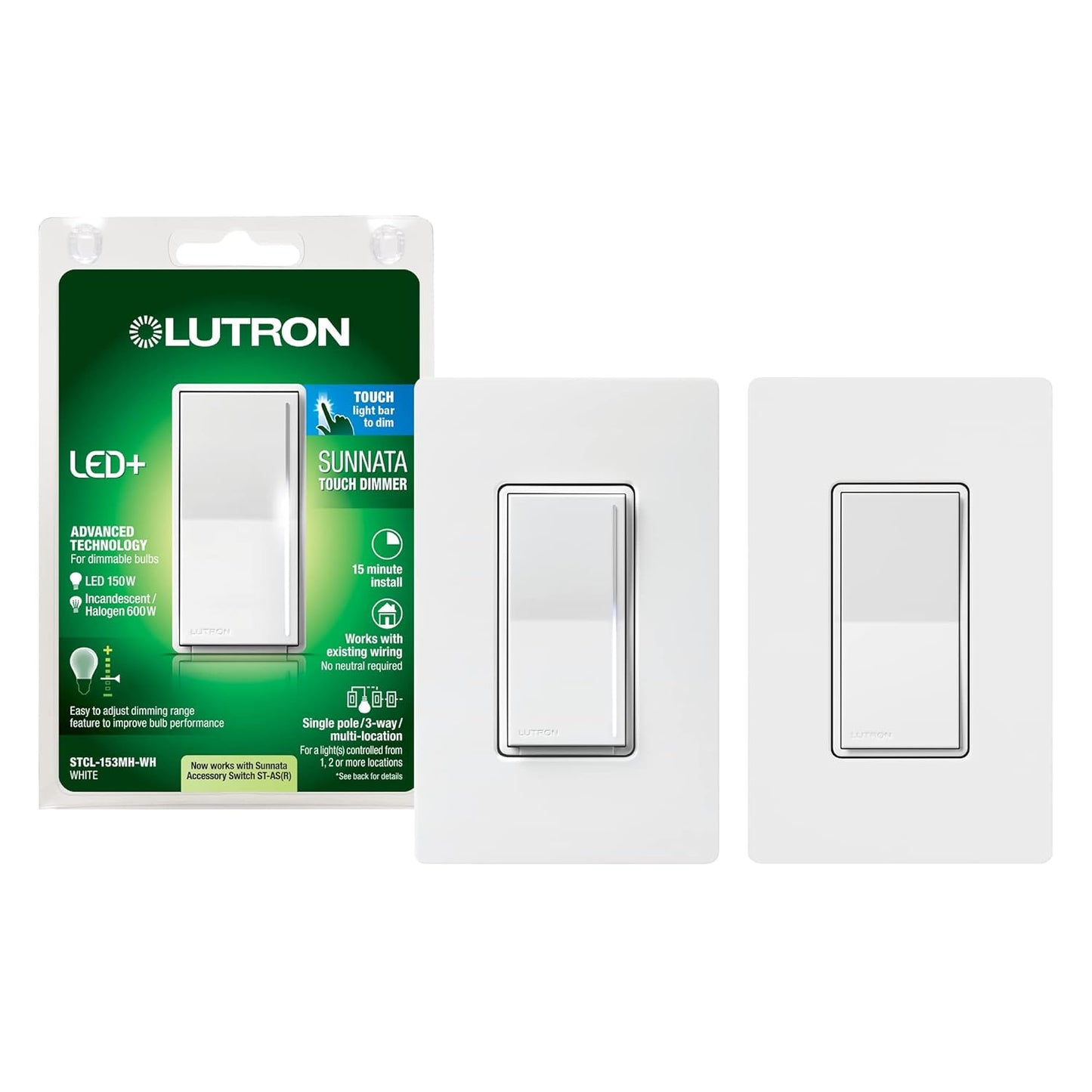 Lutron Sunnata Touch Dimmer Light Switch with Wallplate, LED+ Advanced Technology for LED and Incandescent, 3 Way/Multi Location, STCL-153MW-WH, White