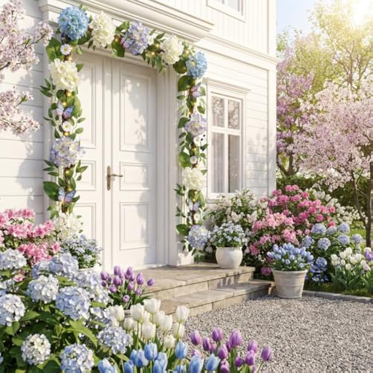 Valery Madelyn 6FT Spring Summer Flower Garland with Lights for Mantle,Blue White Hydrangeas Floral Garland with Eucalyptus Leaves Butterfly for Home Table Centrepiece Stairs Wedding Party Decorations
