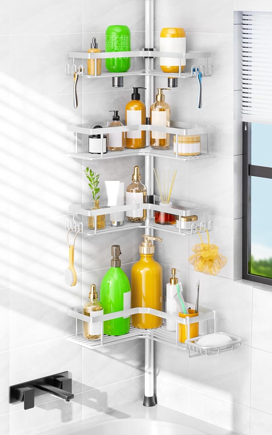 HAMITOR Shower Caddy Tension Pole: 4-Tier Corner Rustproof Bathroom Organizer with Soap Holder & Hooks - No-Drill Adjustable Shower Shelf for Renters - Family Stand Storage Rack - 47-123 Inch Black