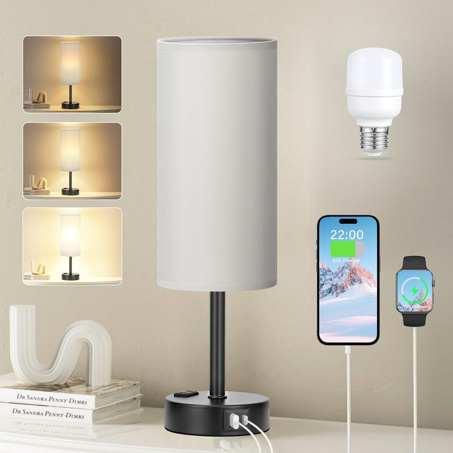 Fenmzee Bedside Table Lamp for Bedroom - 3 Way Dimmable Touch Lamp USB C Charging Ports and AC Outlet, Small Lamp Wood Base Round Flaxen Fabric Shade for Living Room, Desk, LED Bulb Included