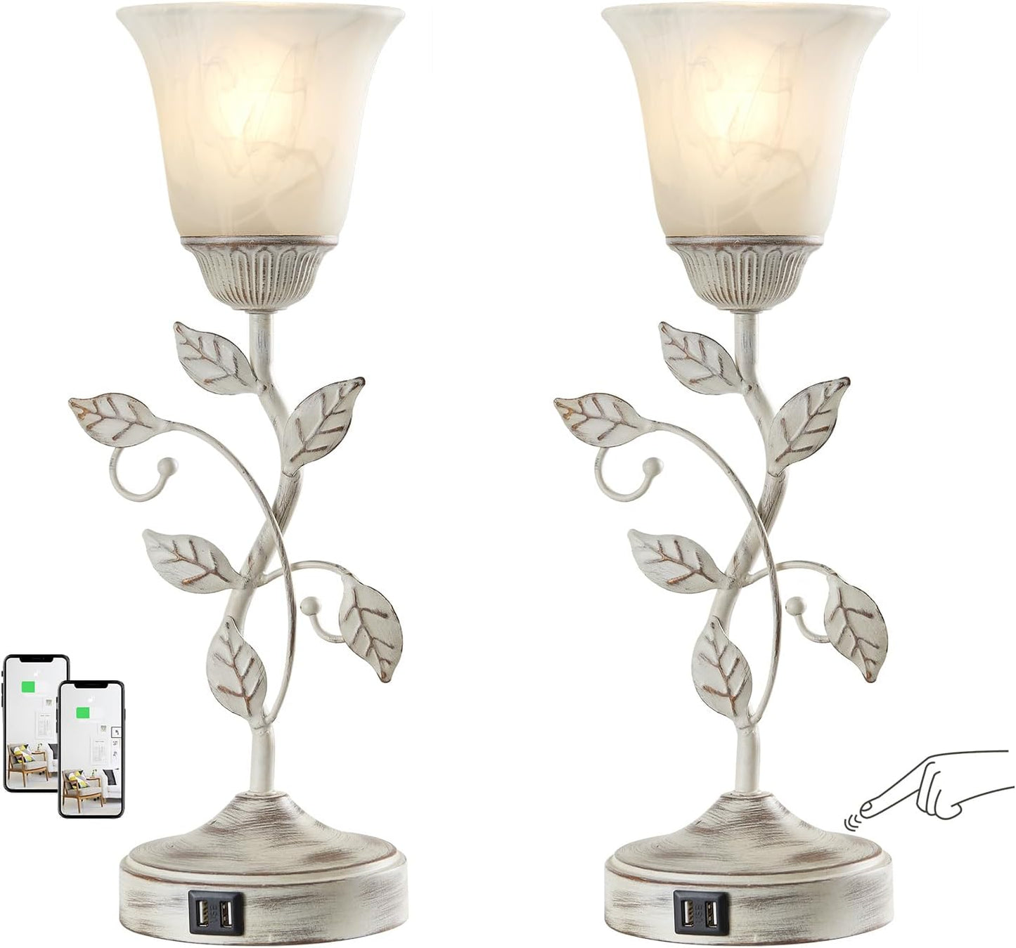 Touch Control Table Lamp with 2 USB Charging Ports, 3-Way Dimmable Bedside Nightstand Lamps, Amber Glass Shade Vintage Rural Leaf Lamp for Living Room, Bedroom, Dresser, LED Bulb Included (Bronze)