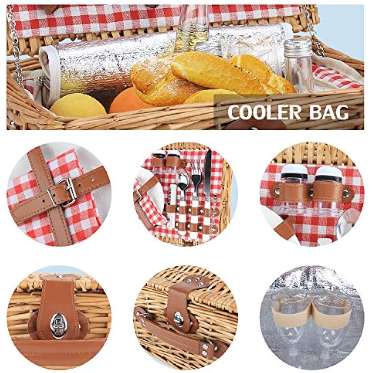 ZORMY Wicker Picnic Basket for 2 Person, Willow Hamper Basket Sets with Insulated Compartment, Handmade 2 Person Picnic Basket Classical Red Check with Utensils Cutlery Perfect for Picnic, Camping