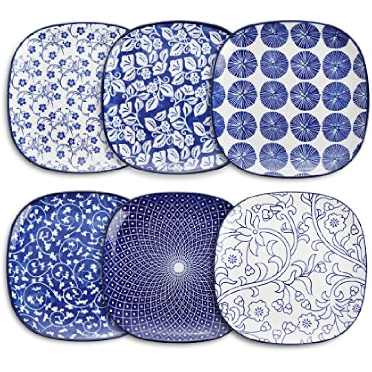Selamica Porcelain Square Dessert Salad Pasta Plates 7.6 inches ceramic plates set of 6 microwave/dishwasher/oven safe, Vintage Blue
