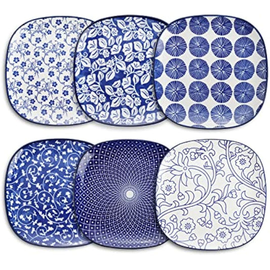 Selamica Porcelain Square Dessert Salad Pasta Plates 7.6 inches ceramic plates set of 6 microwave/dishwasher/oven safe, Vintage Blue