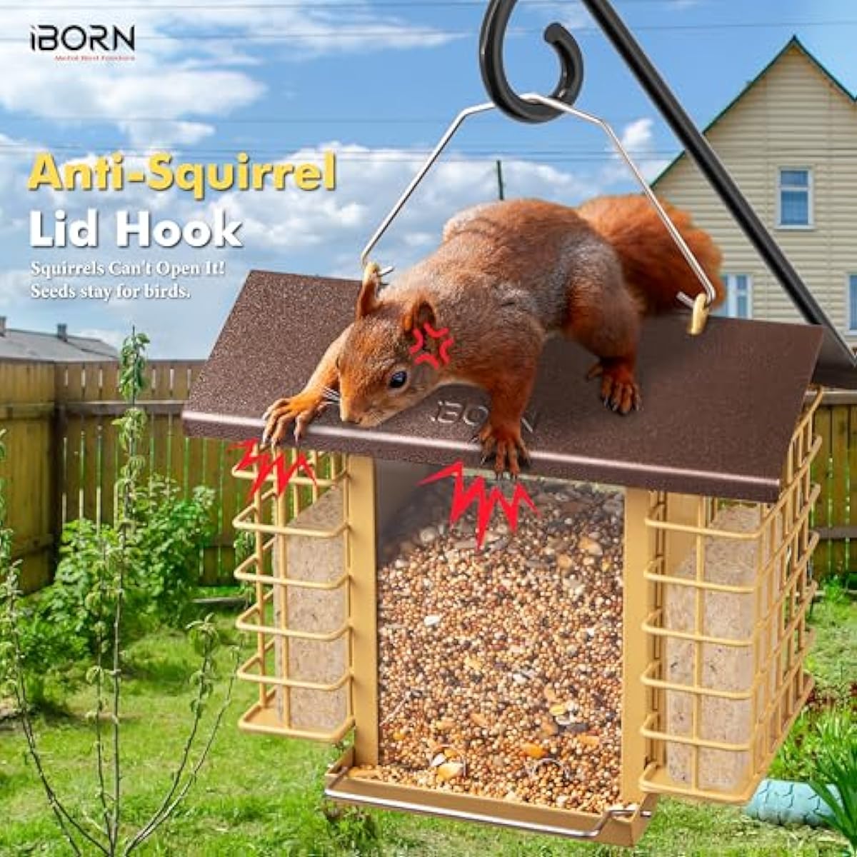 iBorn Bird Feeders for Outdoors,Bird Feeder with Double Suet Holders,Suet Feeder for Outside,Weatherproof Metal Roof,Easy to Refill&Clean,3.2 LBs Seed Capacity+2X Cake,1 Pack,Coffee Roof & Yellow Grid