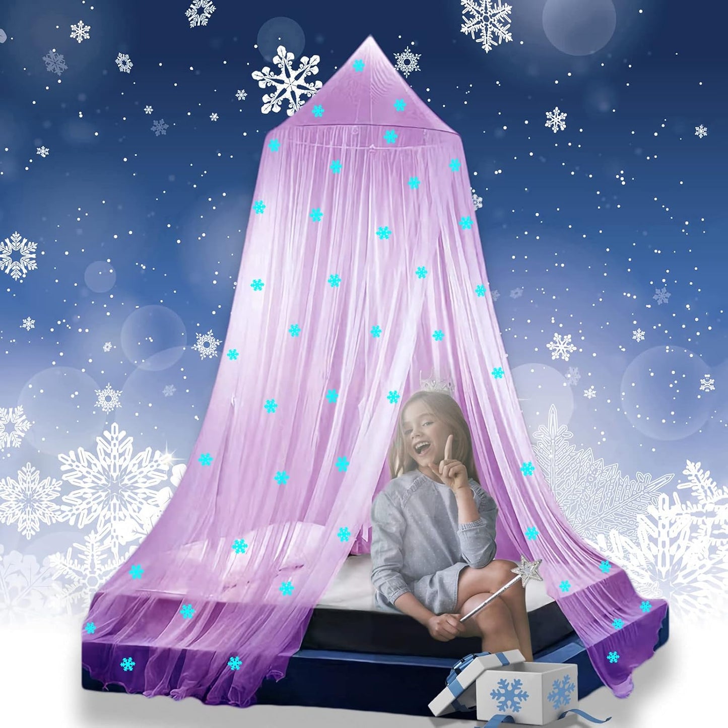 Eimilaly Bed Canopy for Girls Mosquito Net, Princess Bed Canopy for Girls Room Decor - Insect Protection Hanging Canopy for Indoor(Pink,Stars Glow in the Dark)