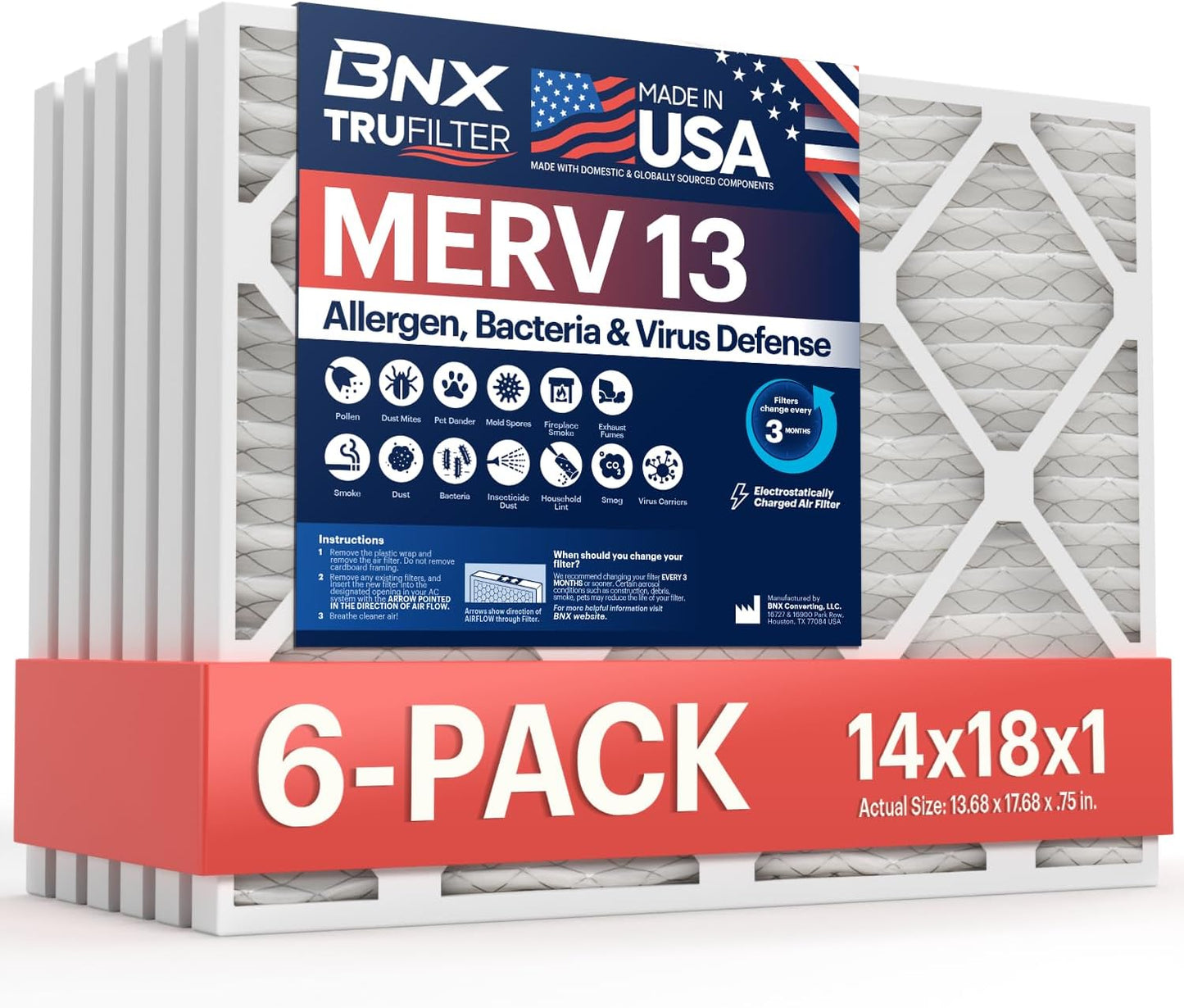 BNX TruFilter 20x20x1 MERV 13 (4-Pack) AC Furnace Air Filter - MADE IN USA - Electrostatic Pleated Air Conditioner HVAC AC Furnace Filters - Removes Pollen, Mold, Bacteria, Smoke