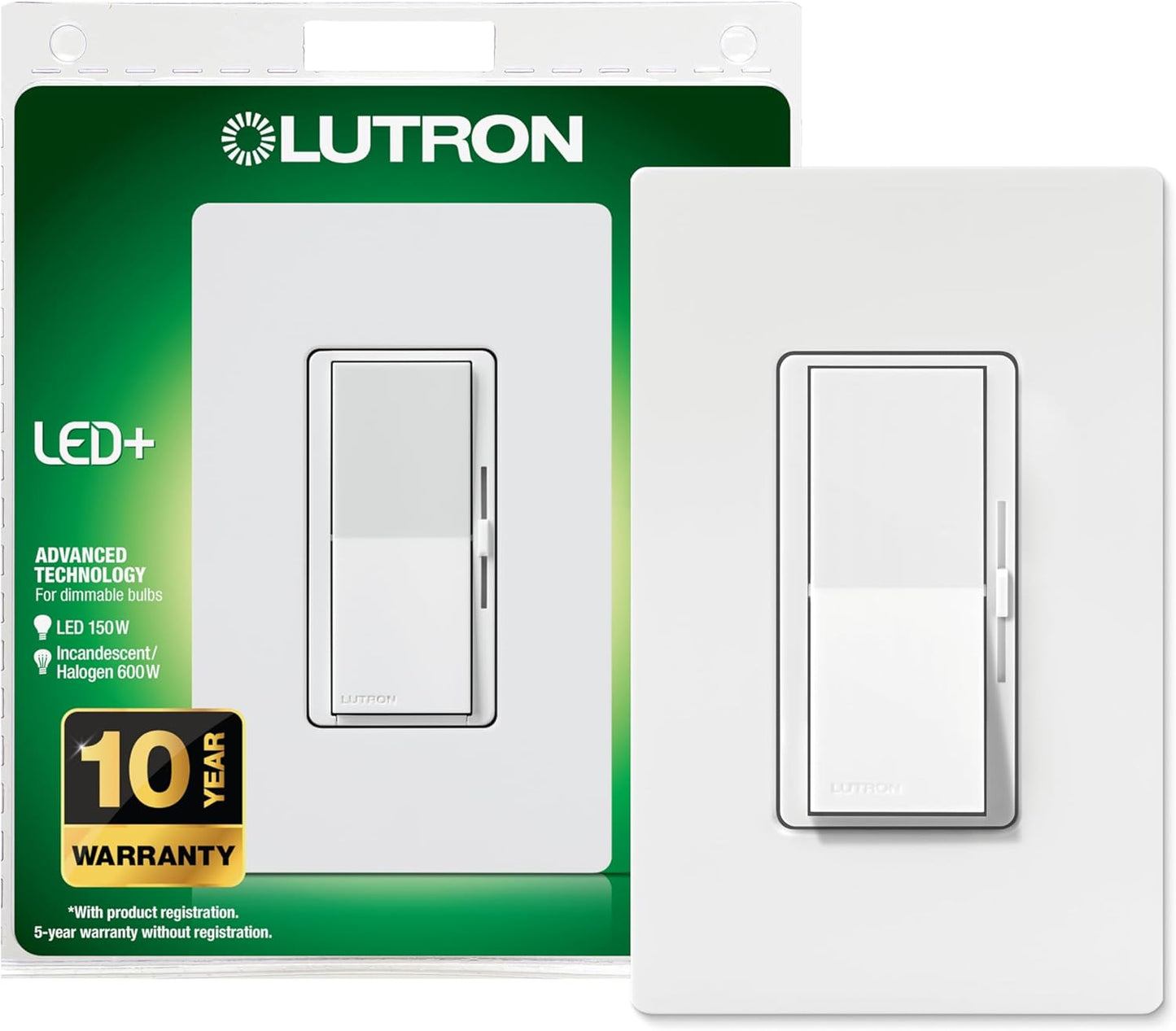 Lutron Diva LED+ Dimmer Light Switch for Dimmable LED, Halogen, and Incandescent Bulbs, 150 Watt, Single-Pole or 3-Way, DVCL-153P-WH, White