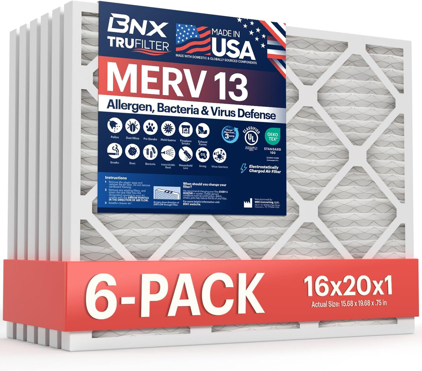 BNX TruFilter 20x20x1 MERV 13 (4-Pack) AC Furnace Air Filter - MADE IN USA - Electrostatic Pleated Air Conditioner HVAC AC Furnace Filters - Removes Pollen, Mold, Bacteria, Smoke