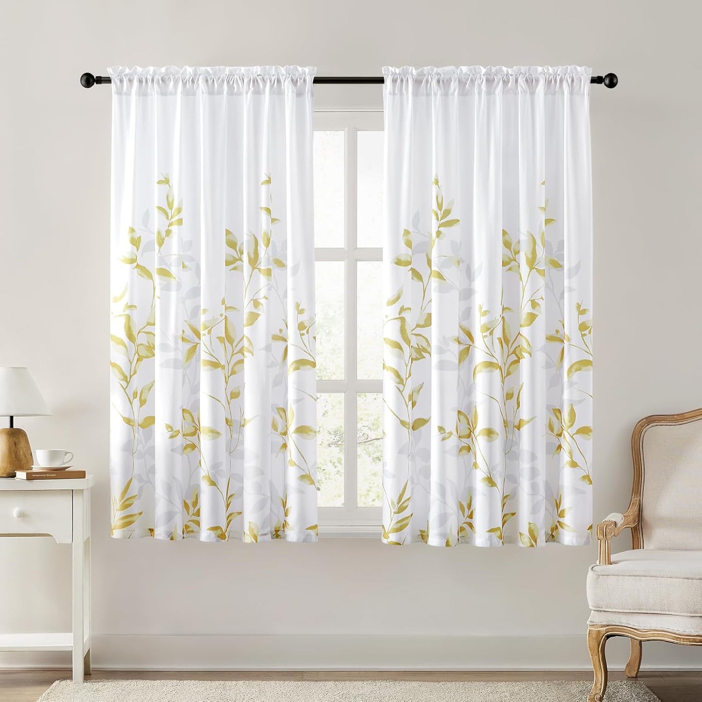 HOMEIDEAS Non-See-Through Pink and White Privacy Sheer Curtains 52 X 63 Inch Length 2 Panels, Leaf Floral Printed Light Filtering Semi Sheer Window Curtains Drapes for Bedroom Living Room