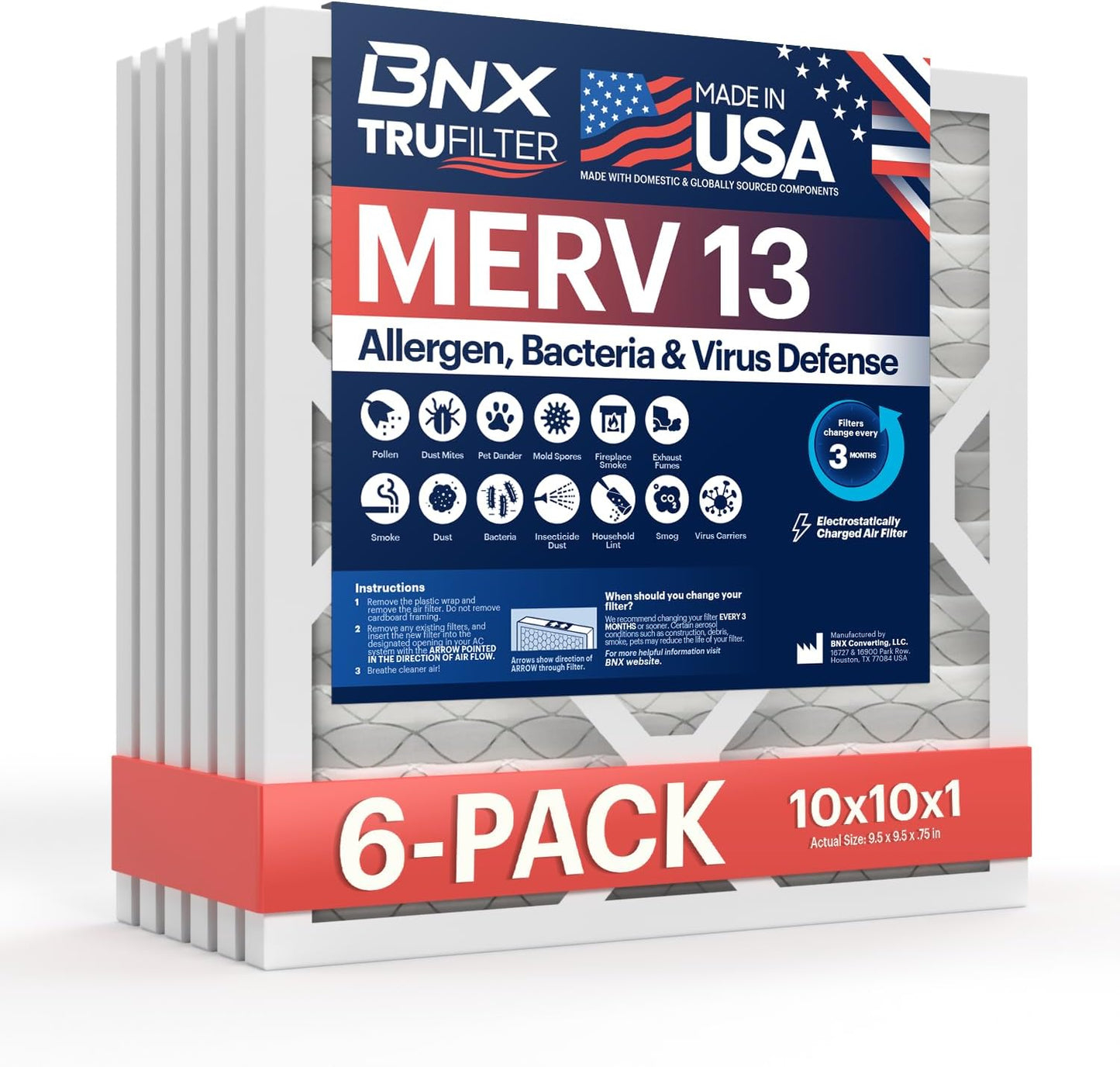BNX TruFilter 20x20x1 MERV 13 (4-Pack) AC Furnace Air Filter - MADE IN USA - Electrostatic Pleated Air Conditioner HVAC AC Furnace Filters - Removes Pollen, Mold, Bacteria, Smoke