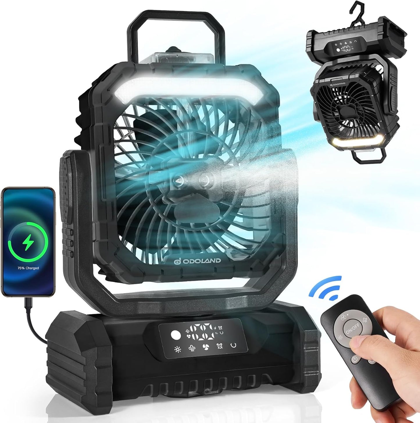 Odoland Portable Misting Fan with Light, 30000mAh Rechargeable Battery Camping Fan with 2 Spray Mister, Outdoors Tent Ventilador with Remote and Hook for Indoor Cooling Hiking Patio, Black