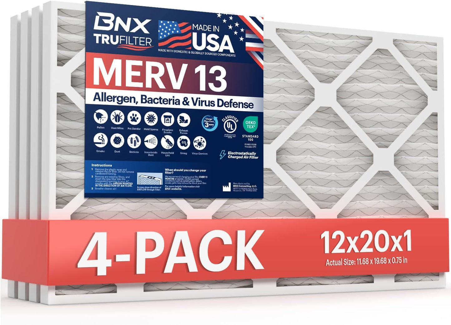 BNX TruFilter 20x20x1 MERV 13 (4-Pack) AC Furnace Air Filter - MADE IN USA - Electrostatic Pleated Air Conditioner HVAC AC Furnace Filters - Removes Pollen, Mold, Bacteria, Smoke