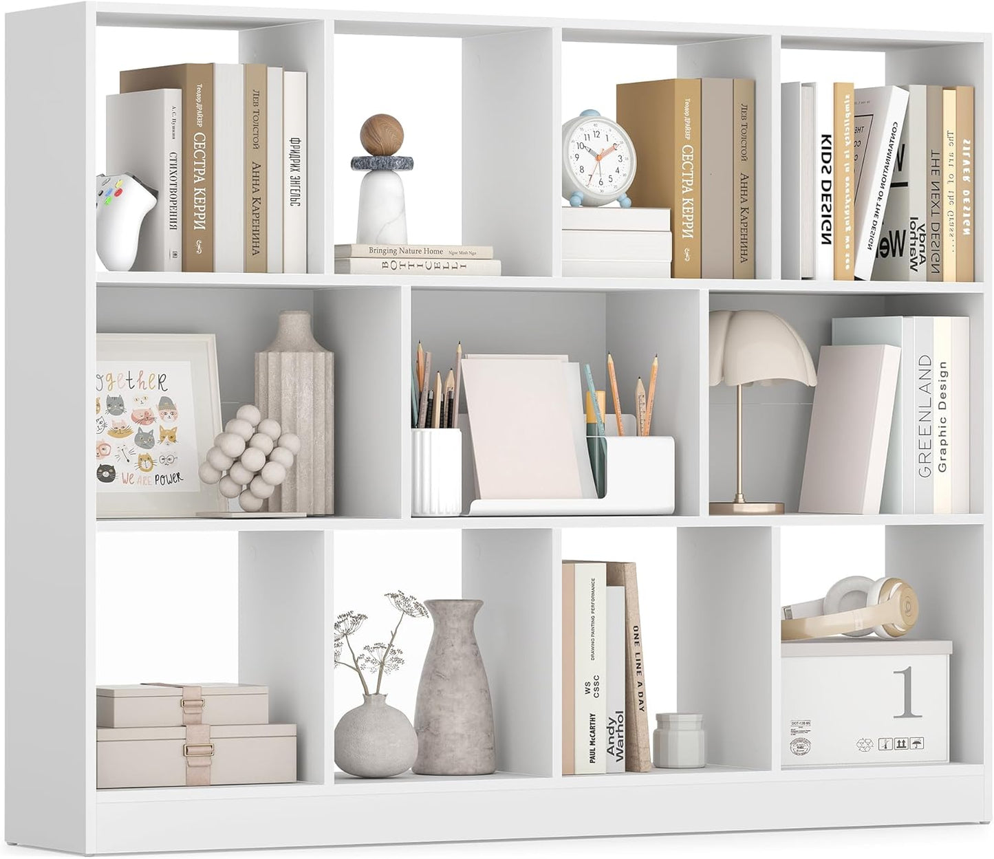 VASAGLE Bookcase, Bookshelf, Freestanding Storage Unit, 8 Open Compartments, Used Horizontally, Vertically, Upside Down, 11 x 35.4 x 39.4 Inches, for Living Room, Study, Office, Cloud White ULBC55WT