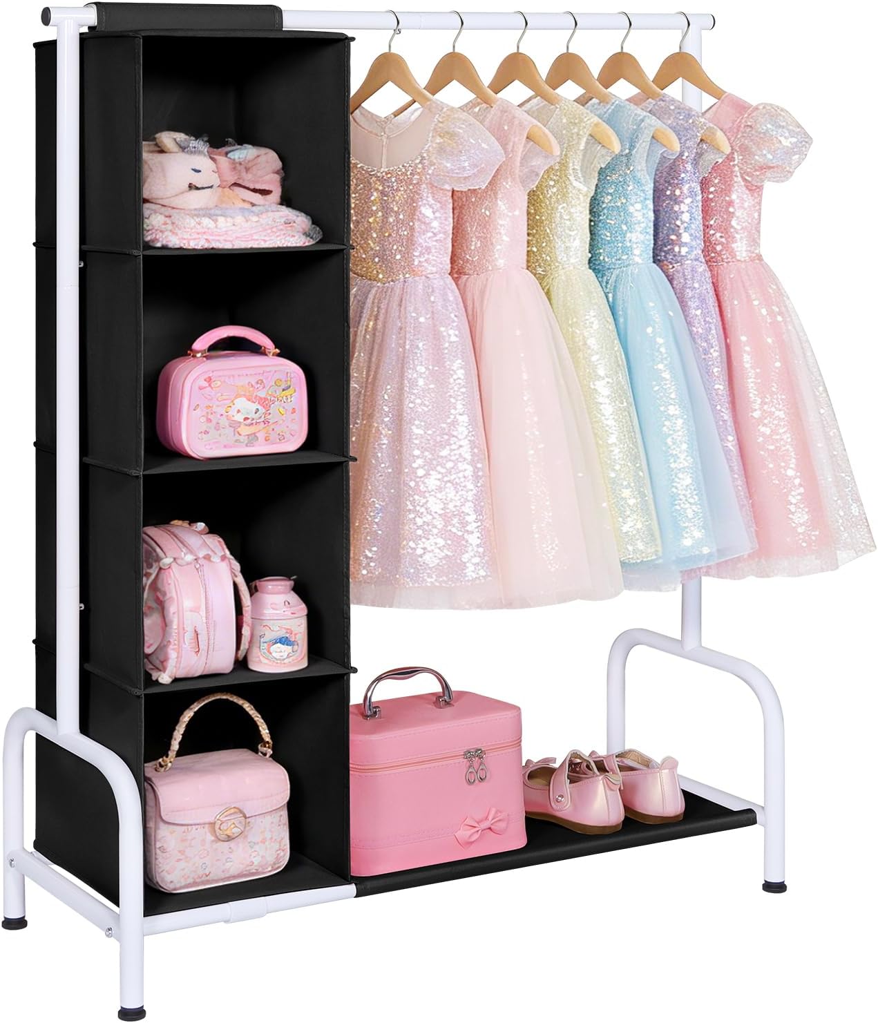 Univivi 43" Tall Kids Clothing Rack, Toddler Dress Up Storage with Hanging Organizer – Sturdy Metal Baby Closet, Space-Saving for Nursery & Bedroom, Pink/White