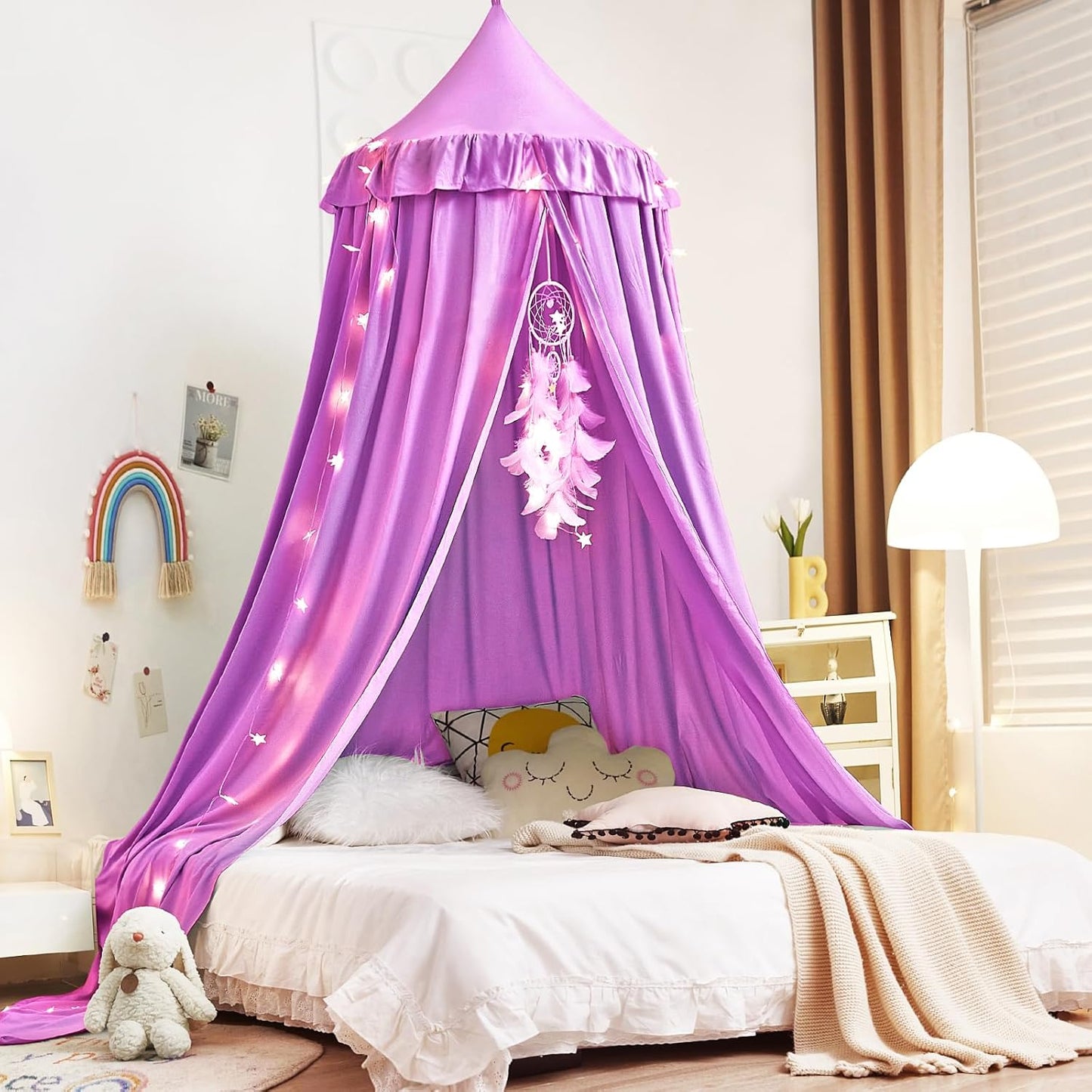 Kertnic Decor Canopy for Kids Bed, Soft Smooth Playing Tent Canopy Girls Room Decoration Princess Castle, Dreamy Mosquito Net Bedding, Children Reading Nook Canopies in Home (Pink-Ruffle)