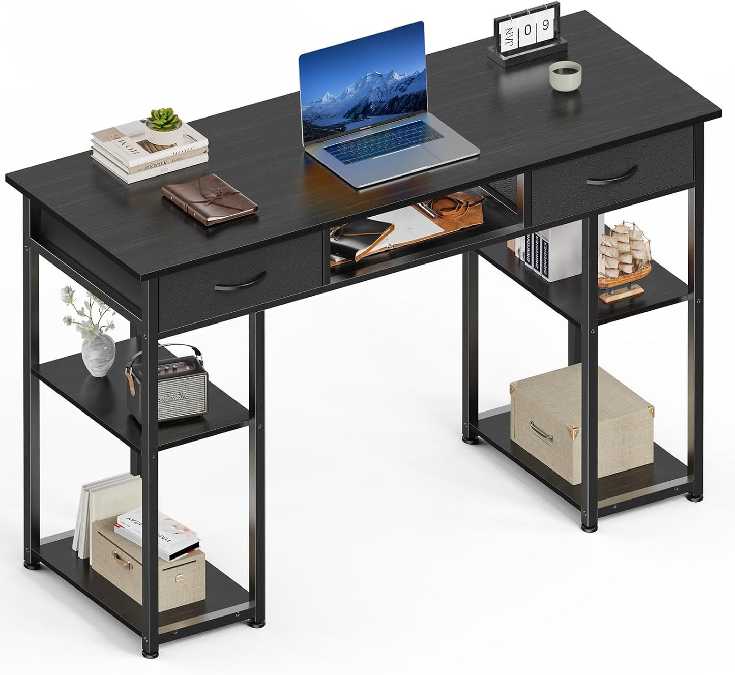 Sweetcrispy Computer Desk with Drawers, 47 Inch Home Office Bedroom Table with 4 Fabric Drawers & 2 Mesh Storage Shelves, Wood Table with X-Shaped Structure for Writing Study PC Desk, Brown