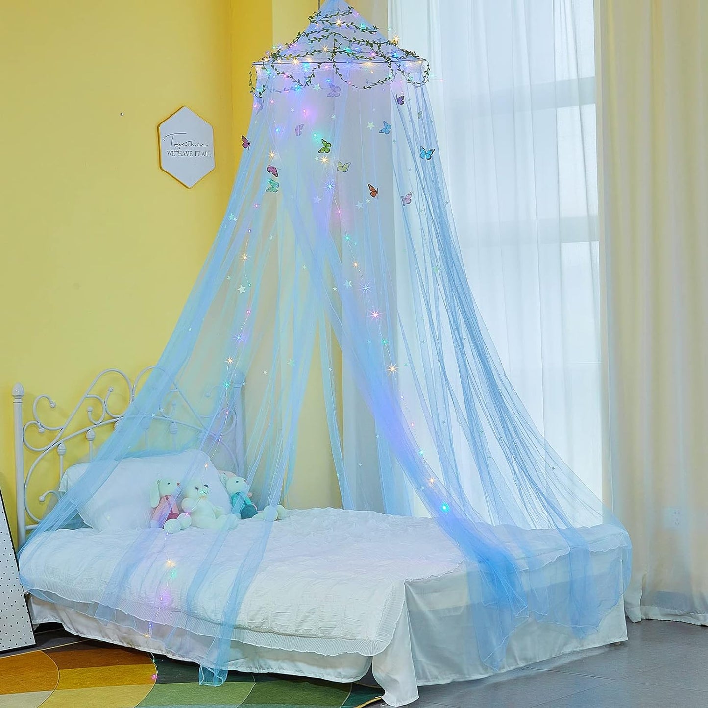 FIOBEE Bed Canopy for Girls Room Bed Canopy Curtains with Led Lights Mosquito Net DIY Princess Room Décor with Stars Butterflies for Kids Bedroom, White
