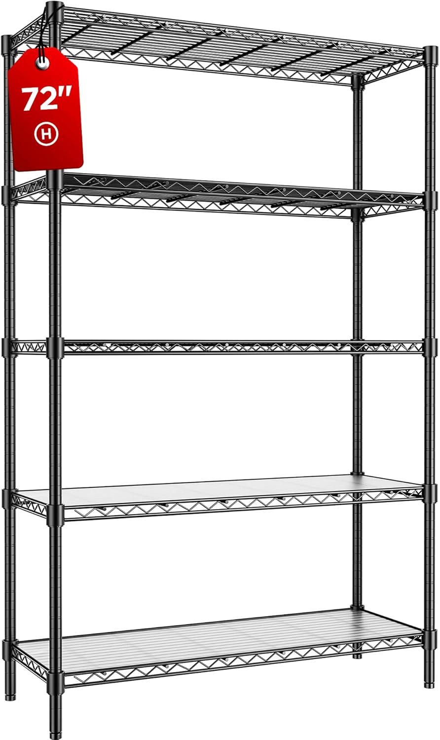 5-Tier Storage Shelves 72" H Wire Shelving, Adjustable Metal Shelving Pantry Shelves, 1325LBS Heavy Duty Rack with Shelf Liners for Garage Commercial Kitchen, 36" W x 14" D x 72" H, Black
