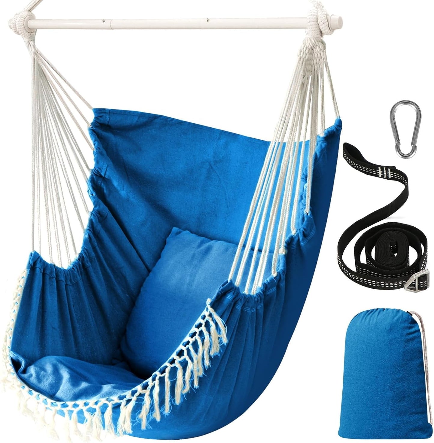 Chihee Hammock Chair Hanging Swing Max 500 Lbs 2 Cushions Included Steel Spreader Bar with Anti-Slip Grooves Portable Hanging Chair Side Pocket Large Macrame Bohemian Chair Indoor Outdoor