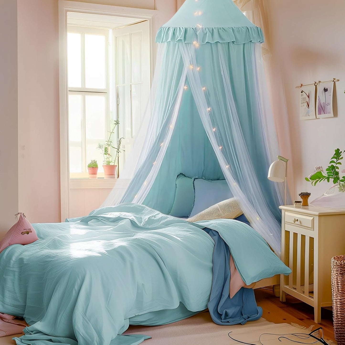 little dove Bed Canopy with Star Lights, Double Layer Canopy for Bed, Princess Play Tent for Girls Room, Breathable Bed Curtain for Children Reading Nook, Machine Washable, 25.6''x106'', Pink