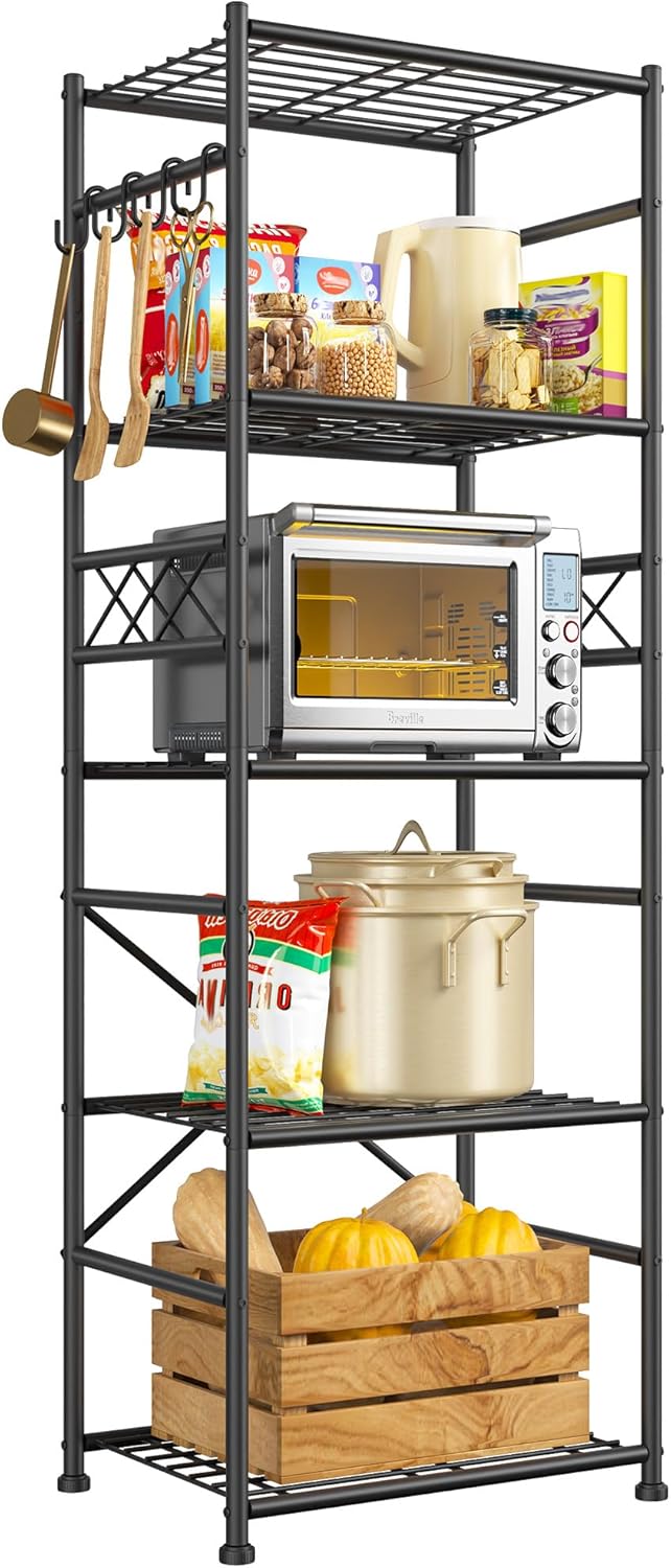 Storage Shelves 5-Tier Large Capacity Wire Shelving with Hooks, Heavy Duty Garage Shelving Unit with Leveling Feet, Stable Metal Shelf for Pantry, Kitchen and Closet, 72" H x 36" W x 12" D, Black