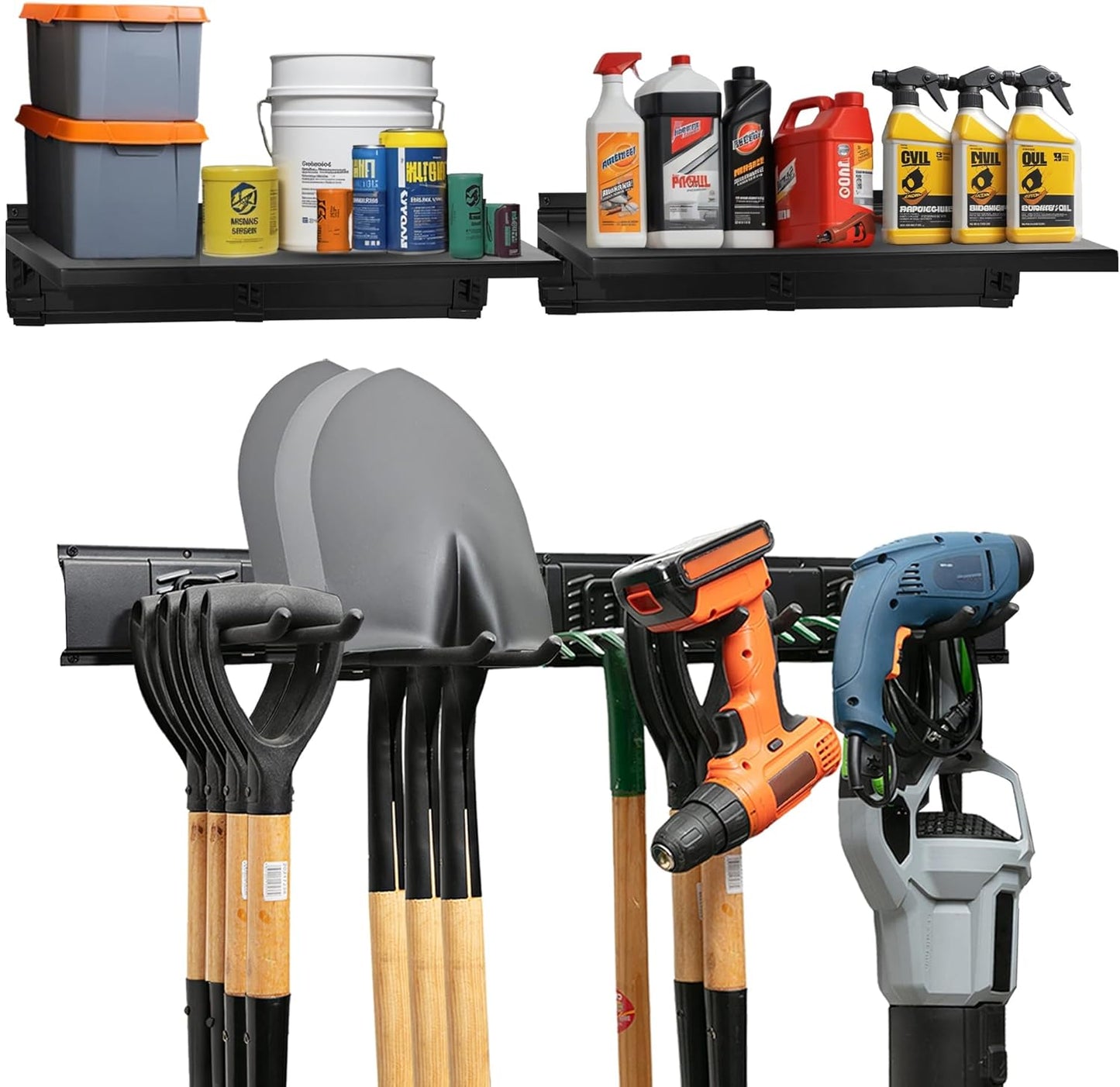 TIDYME Garage Tool Organizer Wall Mount - 48 inches - Sturdy Storage Rack with Adjustable Hooks, Anti-Rust - Easy Installation, 300lbs Capacity - Garden Tool Organizer (03 Racks & 06 Hooks)