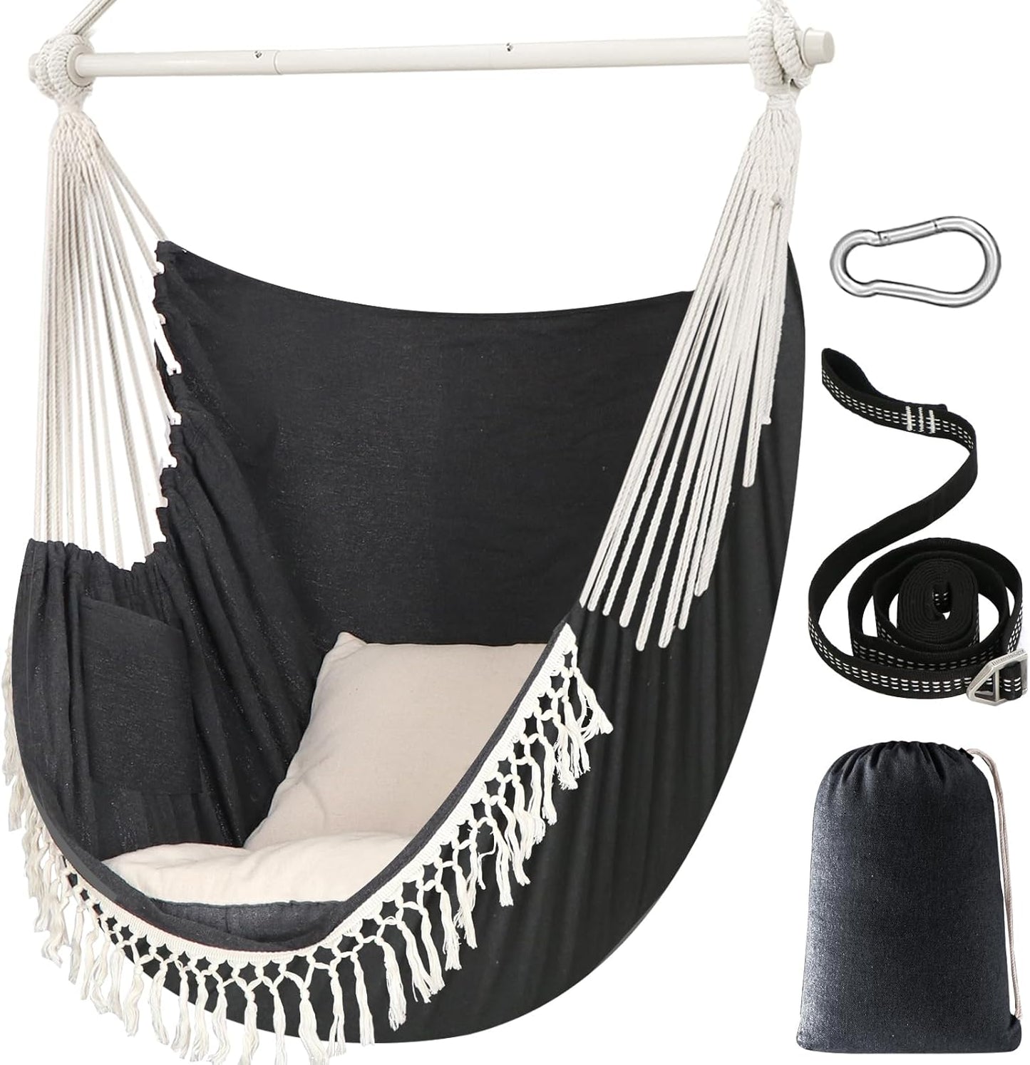 Chihee Hammock Chair Hanging Swing Max 500 Lbs 2 Cushions Included Steel Spreader Bar with Anti-Slip Grooves Portable Hanging Chair Side Pocket Large Macrame Bohemian Chair Indoor Outdoor