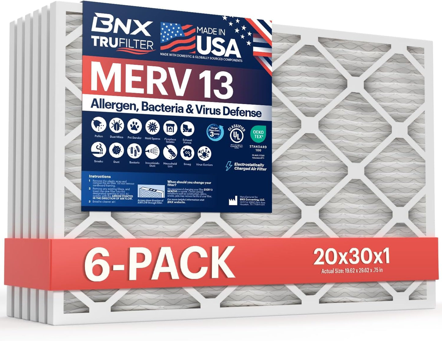 BNX TruFilter 20x20x1 MERV 13 (4-Pack) AC Furnace Air Filter - MADE IN USA - Electrostatic Pleated Air Conditioner HVAC AC Furnace Filters - Removes Pollen, Mold, Bacteria, Smoke