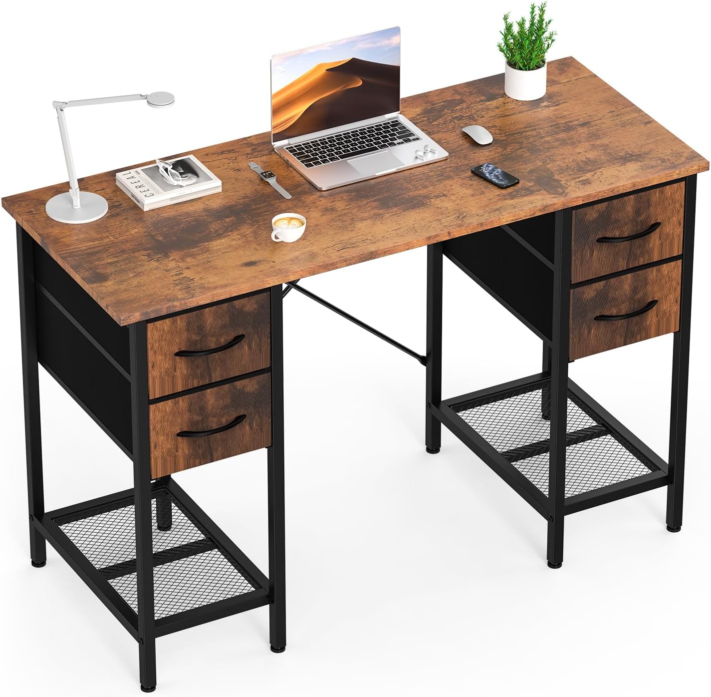 Sweetcrispy Computer Desk with Drawers, 47 Inch Home Office Bedroom Table with 4 Fabric Drawers & 2 Mesh Storage Shelves, Wood Table with X-Shaped Structure for Writing Study PC Desk, Brown